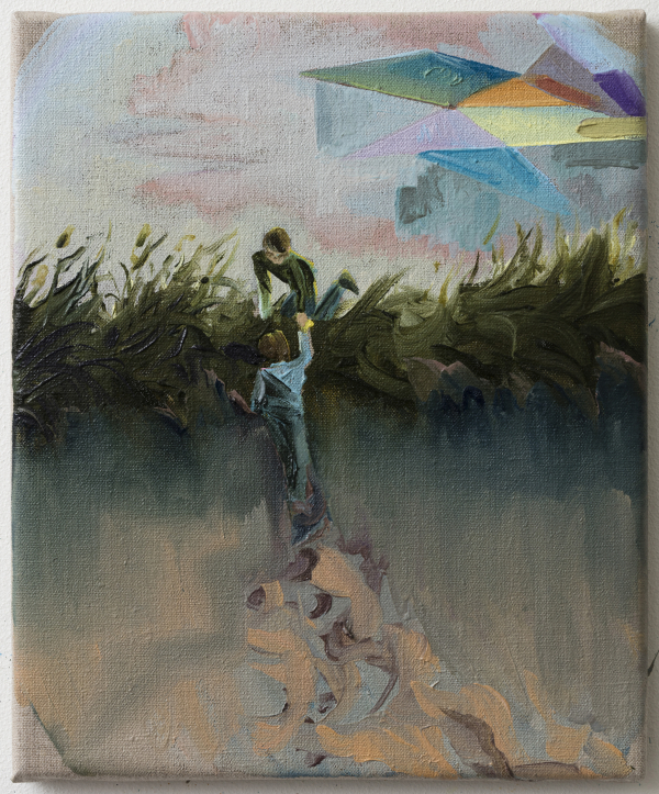 Children playing in the dunes at Svinkløv Badehotel, DK, 2015, Oil on canvas w. rabbitglue, 30 x 25 cm, private collection