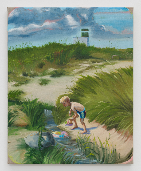Boy at Østerbæk/ Dreng ved Østerbæk, Hornbæk, oil on canvas, 50 x 40 cm, 2024, The bubbles ( and the Lions Mane Jelly Fish!) in the creek, Charlotte Fogh Gallery, Oct.-Nov. 2024