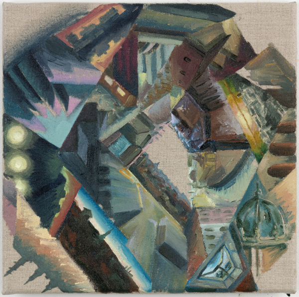 Copenhagen prism, 2018, Oil on canvas with motor on the back, slowly circulating the painting, 30 x 30 cm, private collection