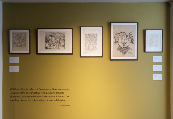 Installation view, J.F. Willumsen and Martin Bigum, Randers Kunstmuseum, 2024, J.F. Willumsen and Martin Bigum, Som et møl mod flammen/ Like a moth to the flame, Willumsens Museum and Randers Kunstmuseum, Jan.-Oct. 2024, curated by Merete Sanderhoff