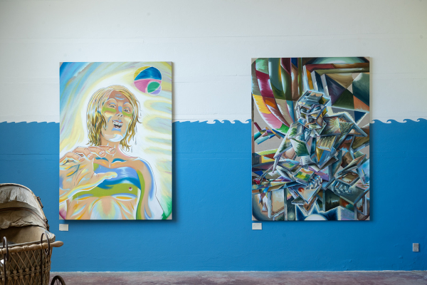 Fountain of Youth, 175 x 125 cm, oil on canvas w. rabbitglue, 2021, The Old Artist, 175 x 135 cm, oil on canvas w. rabbitglue, 2020, Boblerne (og brandmanden) i bækken, Oluf Høst Museet, Bornholm, until October, 2026