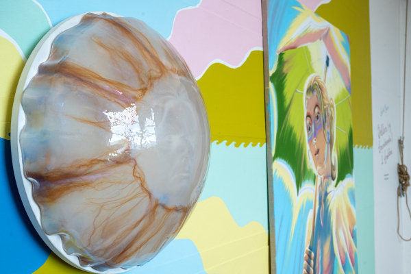 Martin Bigum: Installationview Oluf Høst Museet 2026: Selfportrait, mixed media, 2025, Boblerne (og brandmanden) i bækken, Oluf Høst Museet, Bornholm, until October, 2026