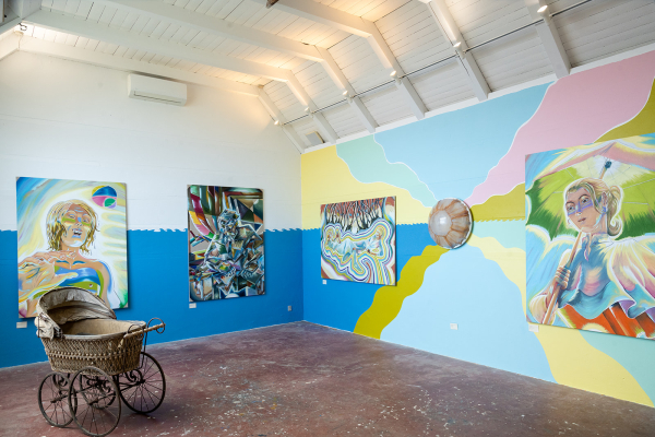 Martin Bigum: Installationview Oluf Høst Museet 2026 (baby carriage by Pernille Egeskov), Boblerne (og brandmanden) i bækken, Oluf Høst Museet, Bornholm, until October, 2026