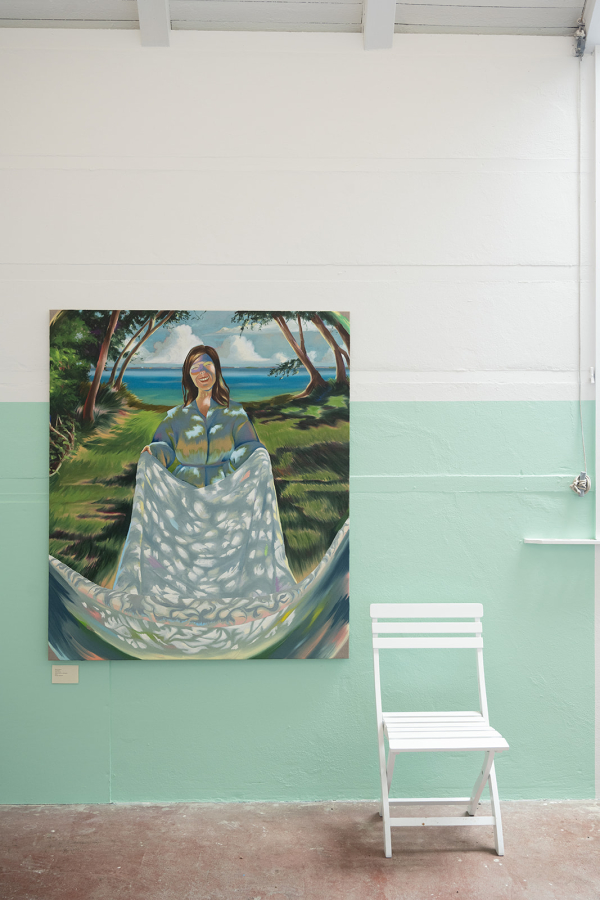 Do Ut Des, 140 x 110 cm, oil on canvas w. rabbitglue, 2025, Boblerne (og brandmanden) i bækken, Oluf Høst Museet, Bornholm, until October, 2026